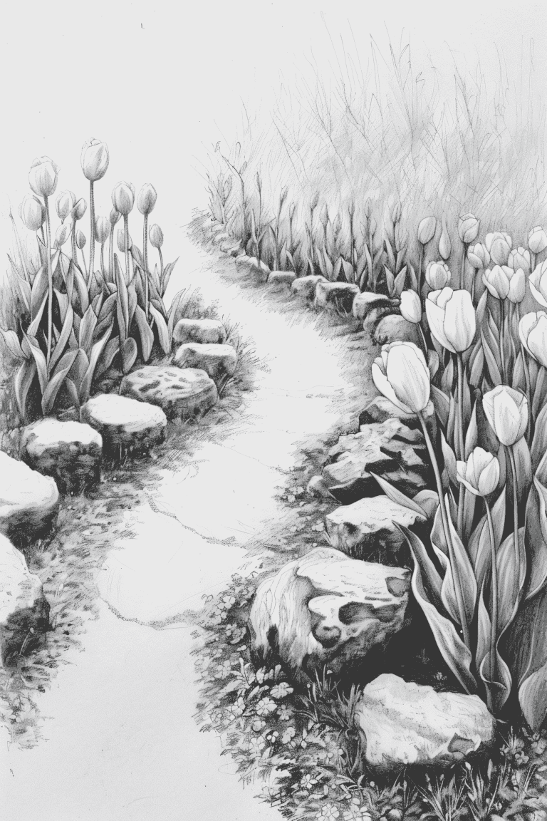 Tulips Growing Along A Pathway
