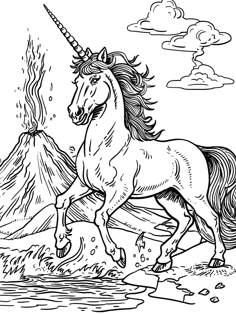 Unicorn Prances Near A Volcano