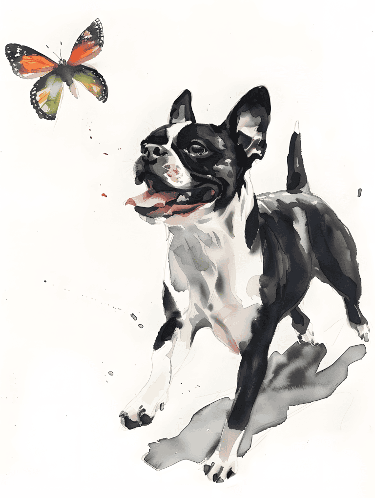 Boston Terrier Chasing A Butterfly
