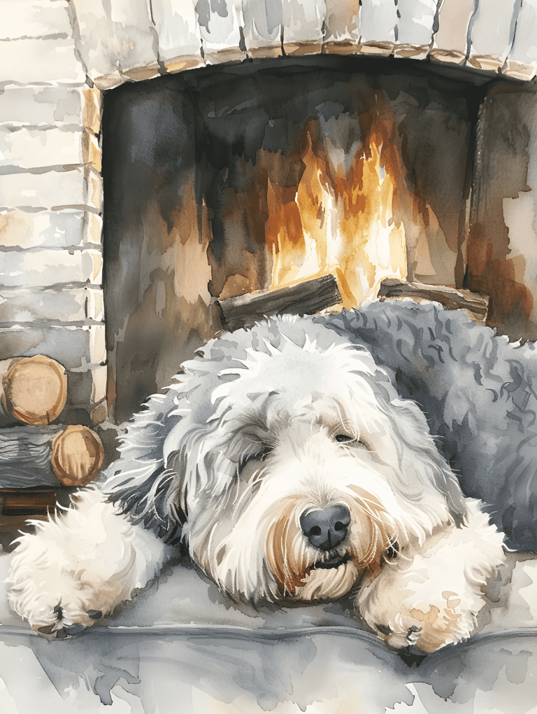 Old English Sheepdog Beside A Fireplace