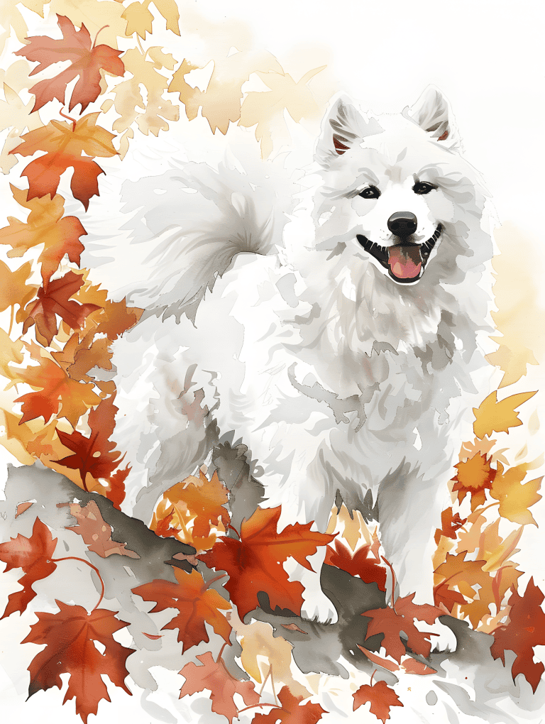 Samoyed Surrounded By Autumn Leaves