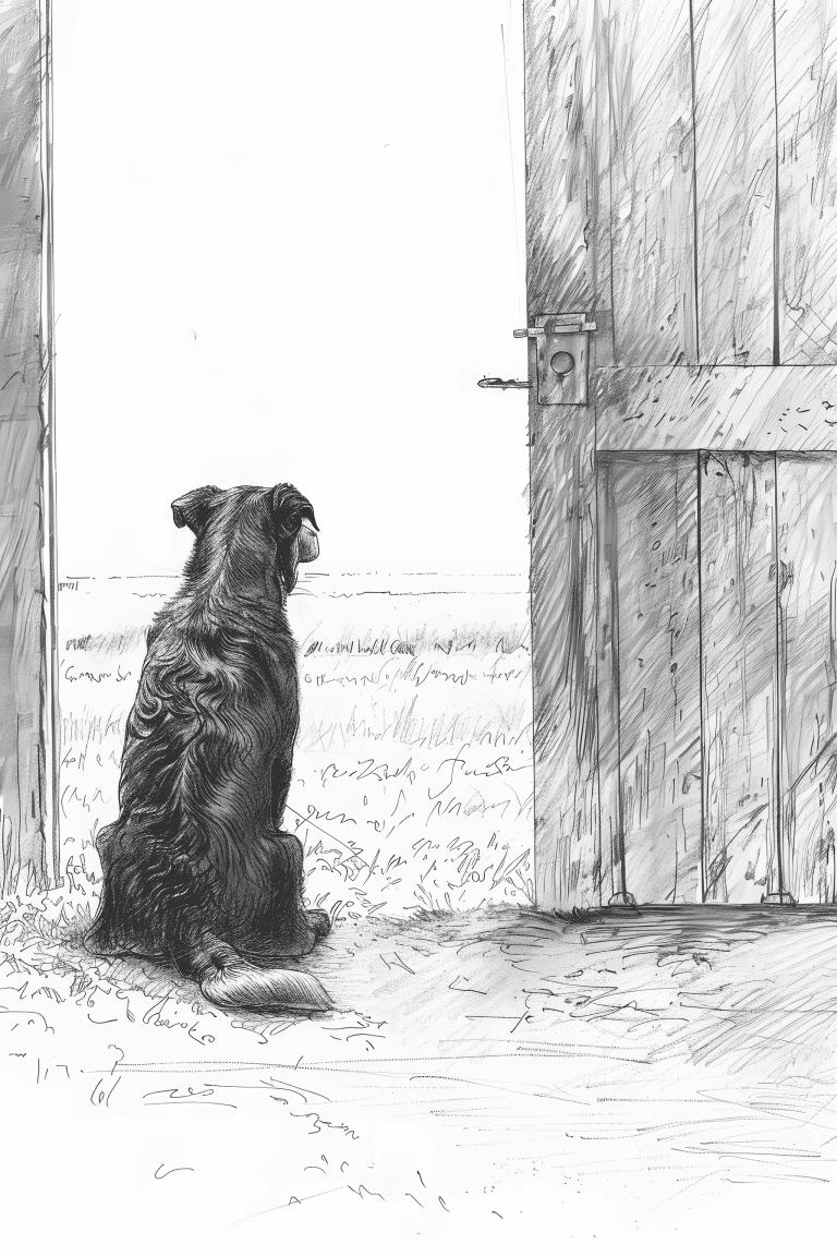 Dog Sitting At A Barn Door