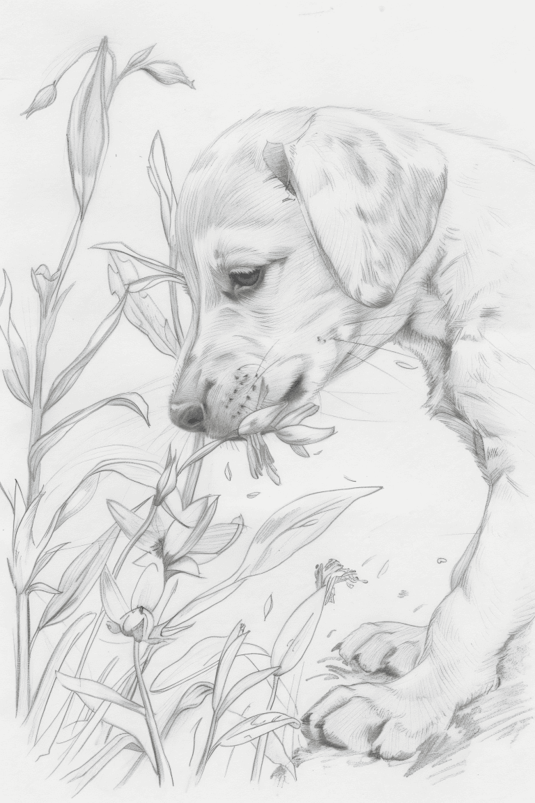 Puppy Sniffing Flowers