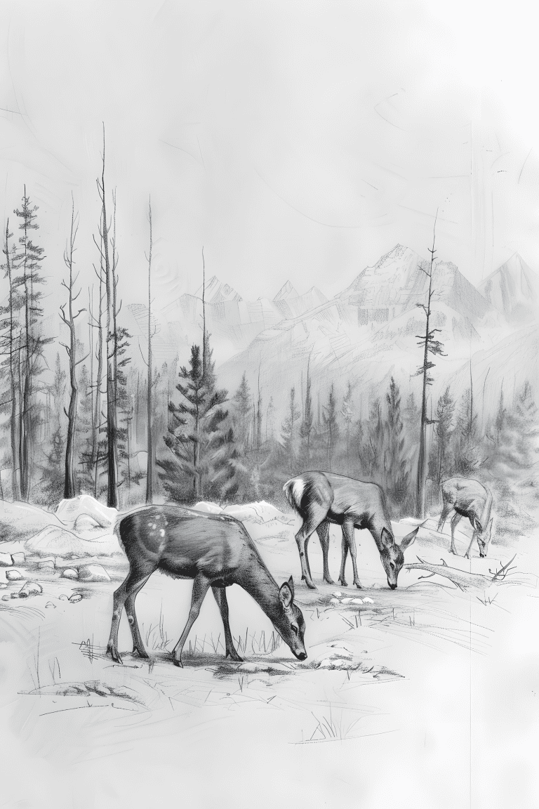 Family Of Deer Grazing At A Mountain Forest
