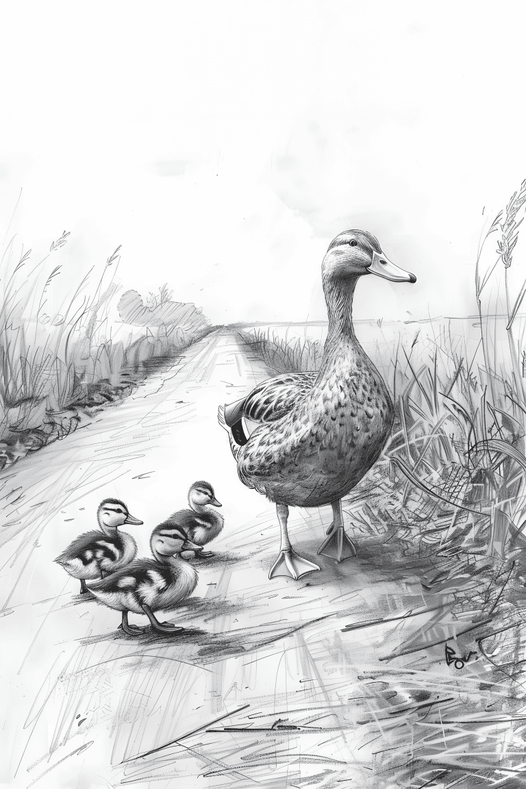 Family Of Ducks Crossing A Road