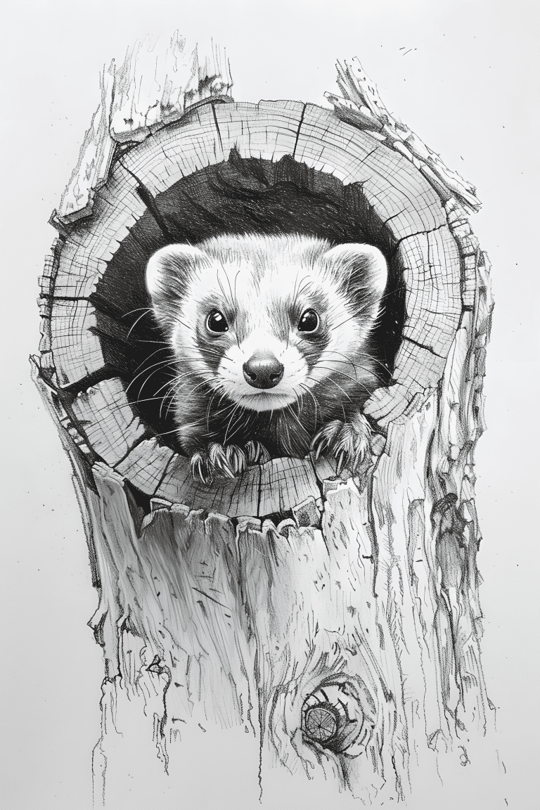 Ferret Peeking Out From A Log