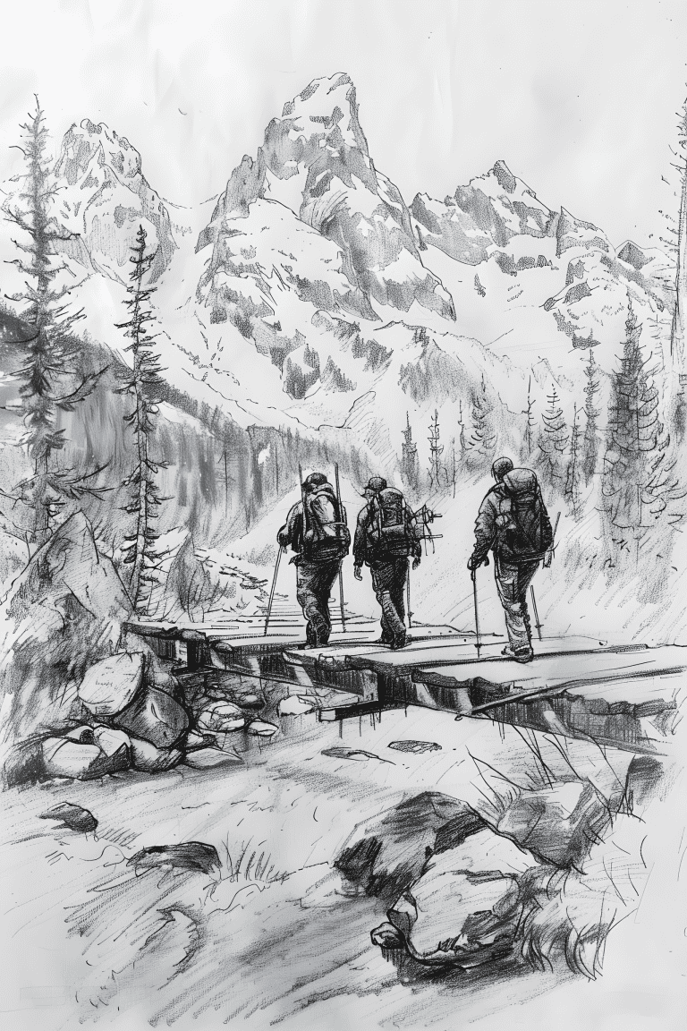 Hikers Crossing A Wooden Bridge