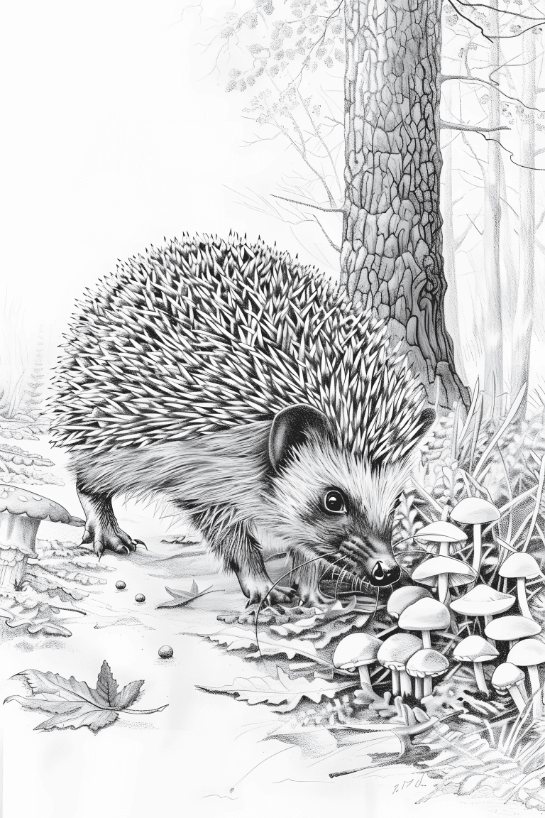 Hedgehog Near Mushrooms