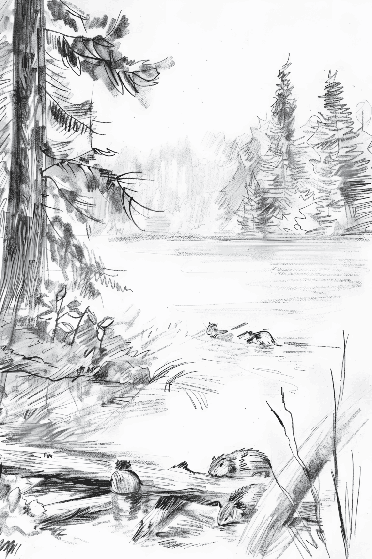 Family Of Beavers In A Lake