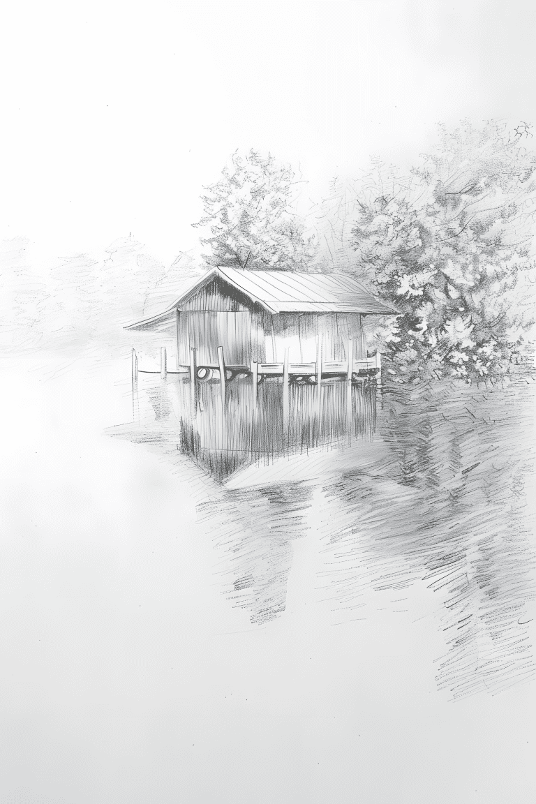 Rustic Boat House In A Lake