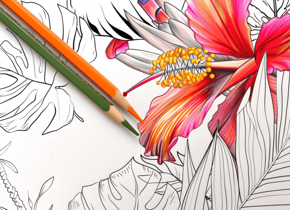 milkychoco04_a_coloured_pencil_that_is_next_to_a_tropical_flowe_2c9731e3-55aa-46a6-b58b-9a266f6ad302