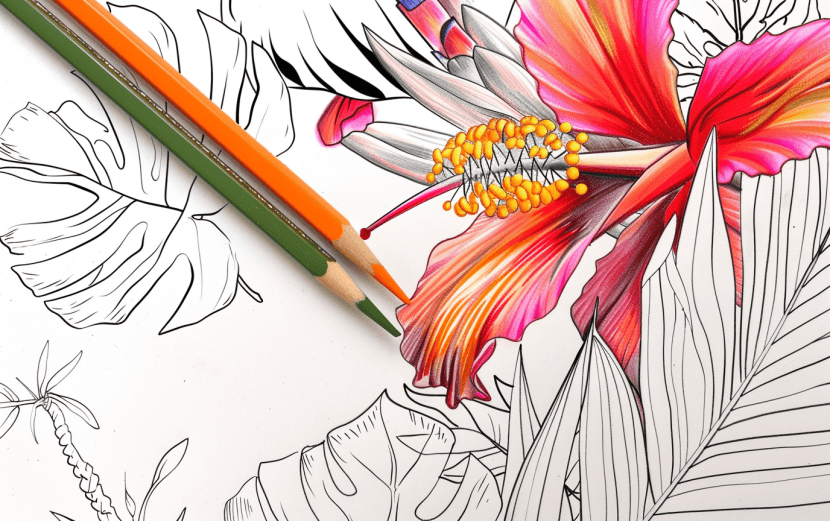 milkychoco04_a_coloured_pencil_that_is_next_to_a_tropical_flowe_2c9731e3-55aa-46a6-b58b-9a266f6ad302
