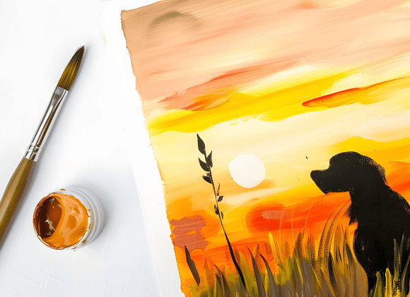 milkychoco04_a_paintbrush_next_to_a_sunset_painting_of_a_dog_pa_3376fc5c-53d3-426e-a6e1-5184c87defb7