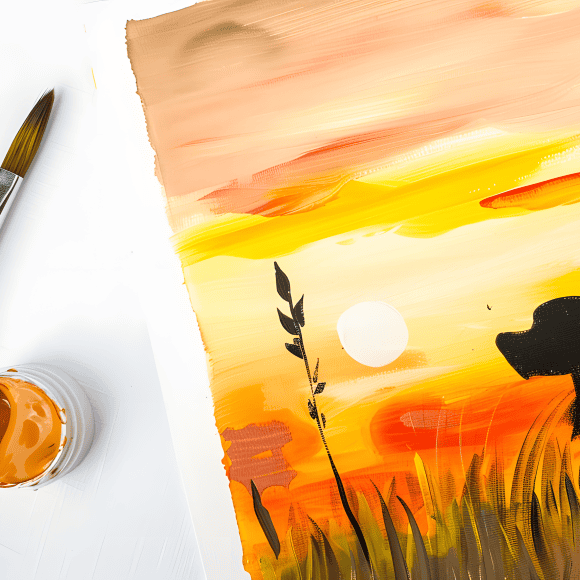 milkychoco04_a_paintbrush_next_to_a_sunset_painting_of_a_dog_pa_3376fc5c-53d3-426e-a6e1-5184c87defb7