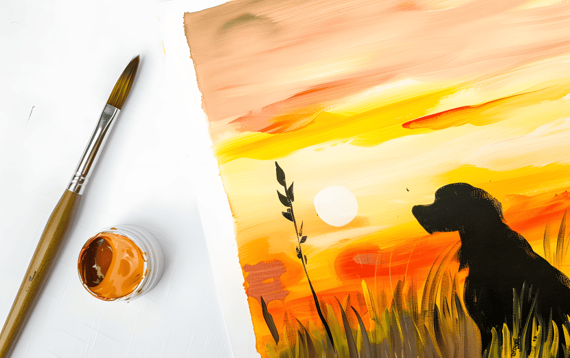 milkychoco04_a_paintbrush_next_to_a_sunset_painting_of_a_dog_pa_3376fc5c-53d3-426e-a6e1-5184c87defb7