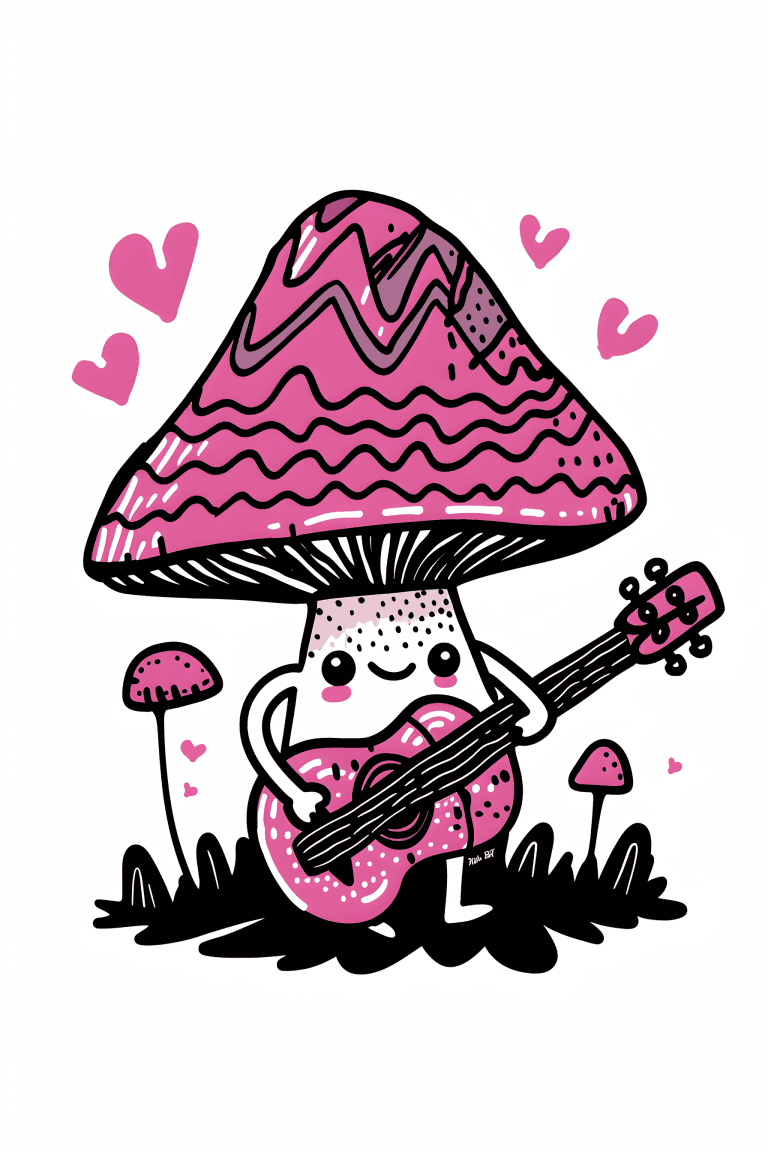 Pink Mushroom Playing A Guitar
