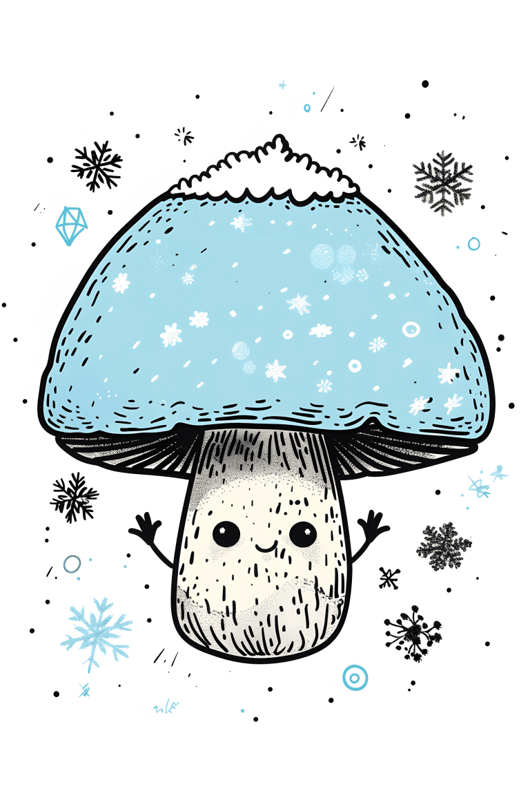 Mushroom Surrounded By Snowflakes