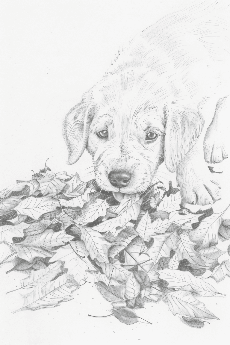 Puppy Chewing Autumn Leaves