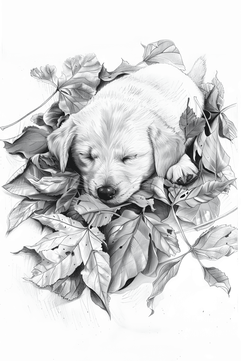 Puppy Curled Up In Autumn Leaves