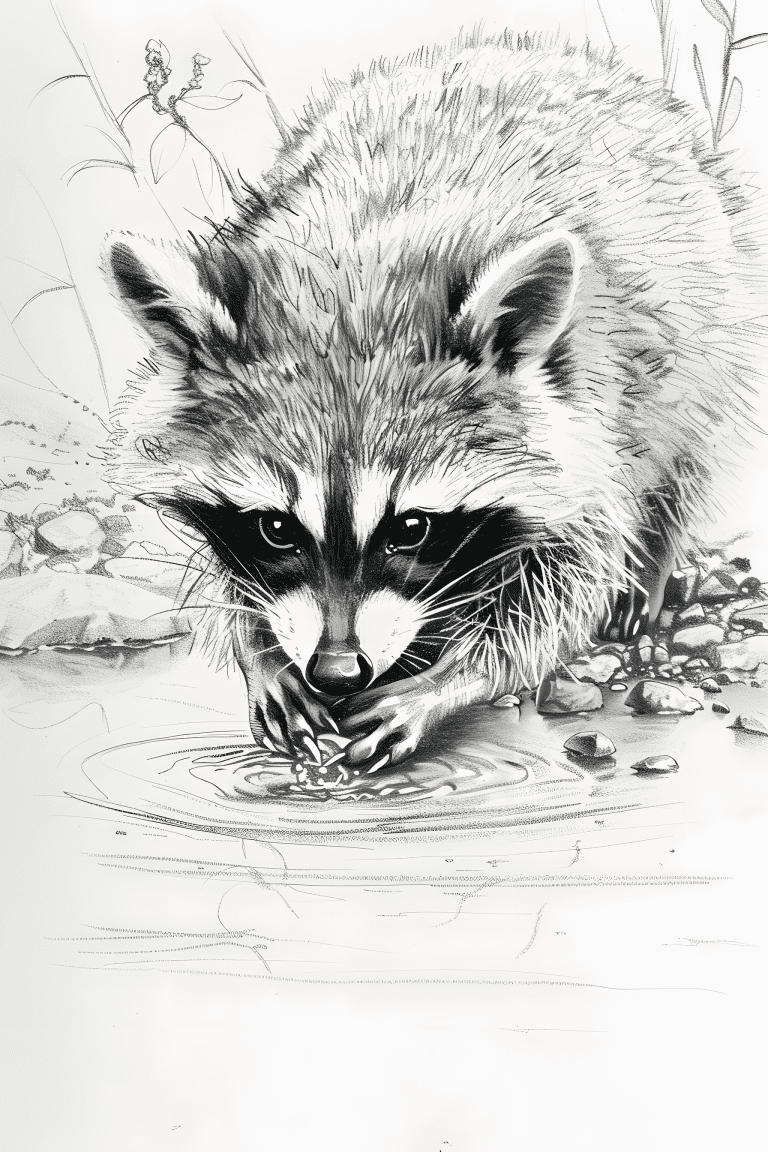 Raccoon Washing In A Stream