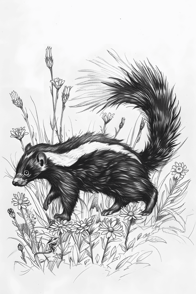 Skunk Meandering Through Flowers