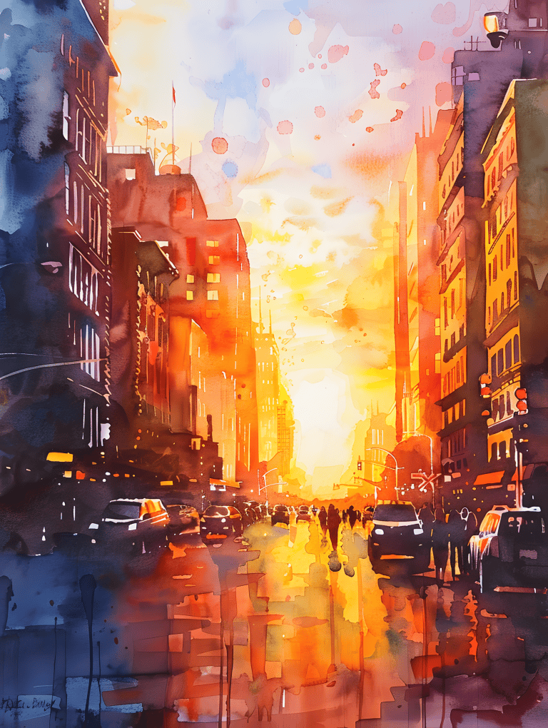 Sunset Over A Bustling City Street
