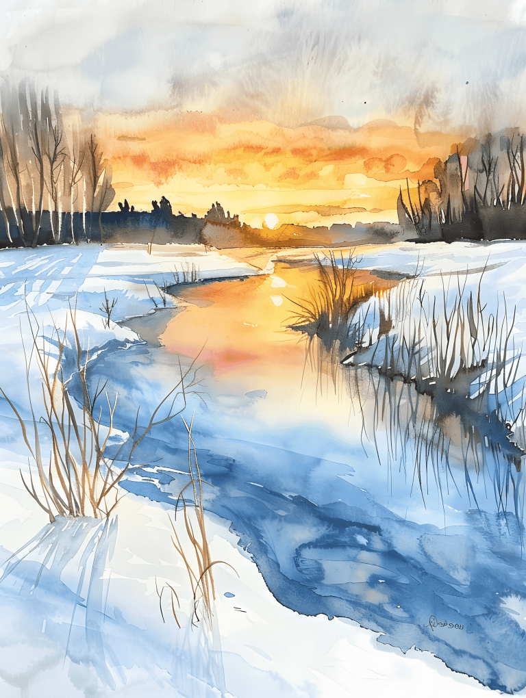 Sunset Over A Snowy Landscape