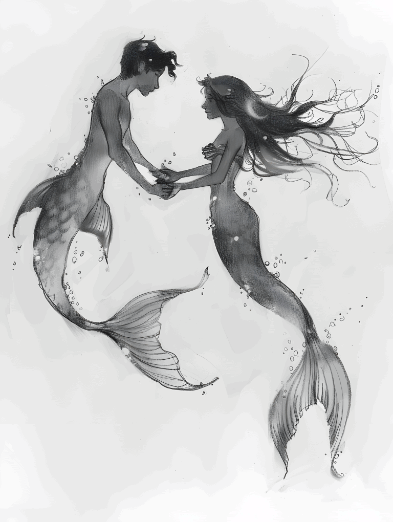 Mermaid and  Merman Holding Hands