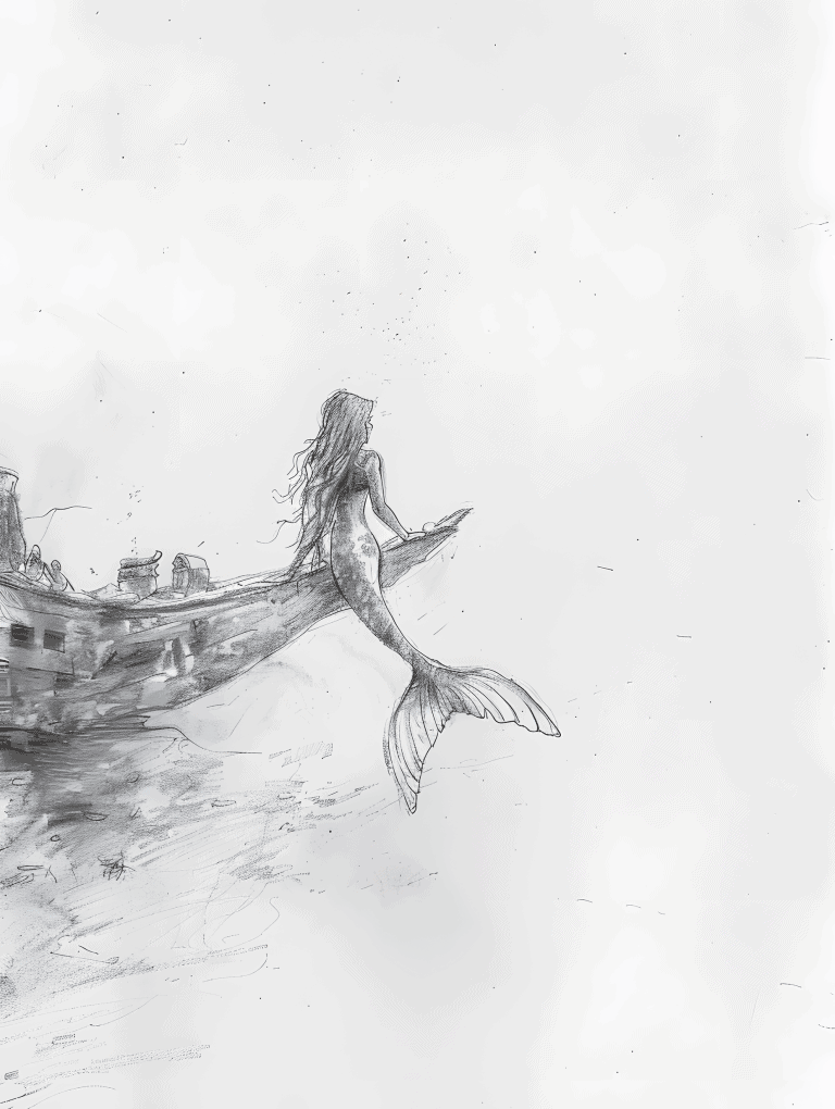 Mermaid Exploring A Sunken Ship