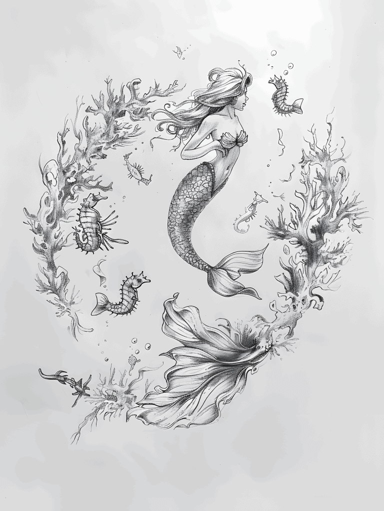 Mermaid Playing With Seahorses