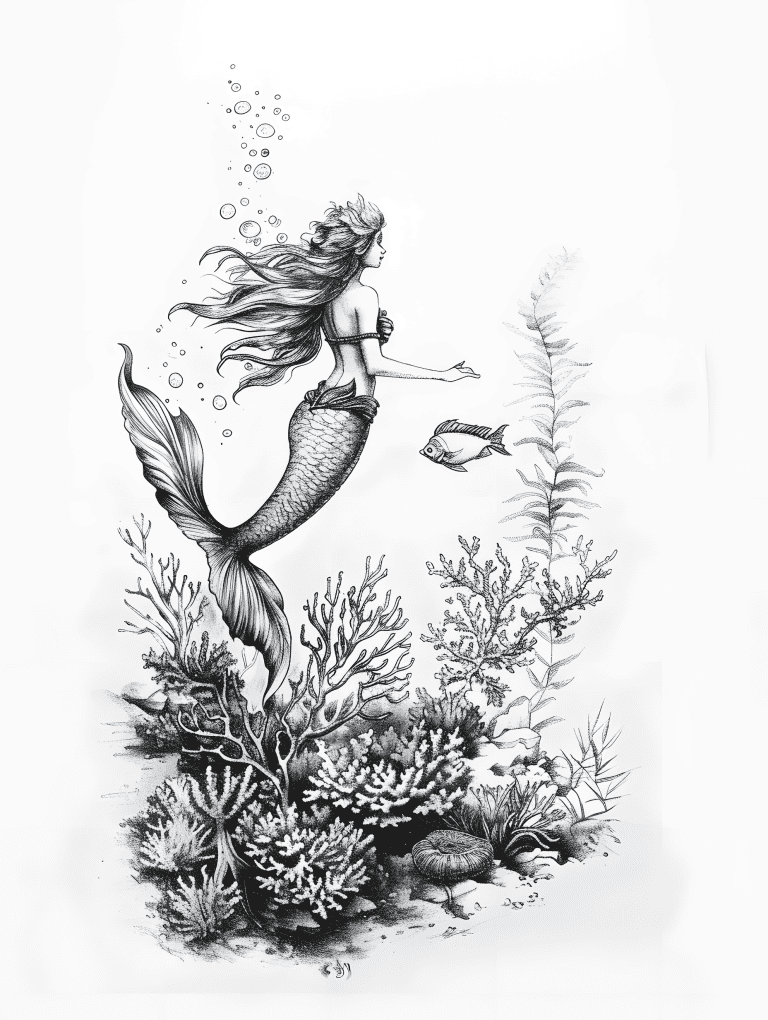 Mermaid Swimming Through A Reef