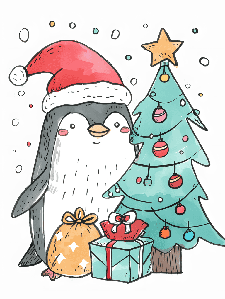 Penguin Beside A Christmas Tree