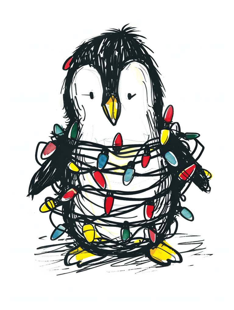 Penguin Entangled In Christmas Lights