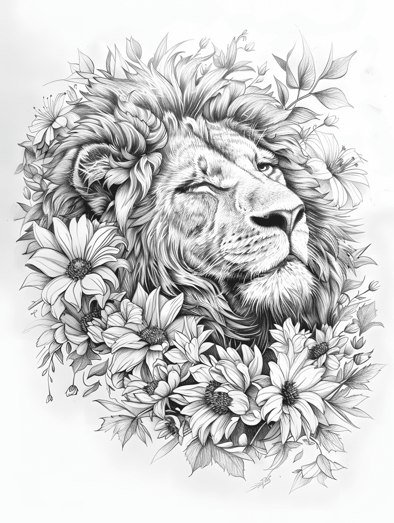 Lion Enveloped In Flowers