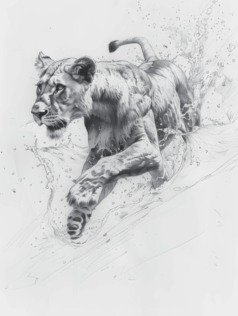 Lioness Leaping Over The Stream