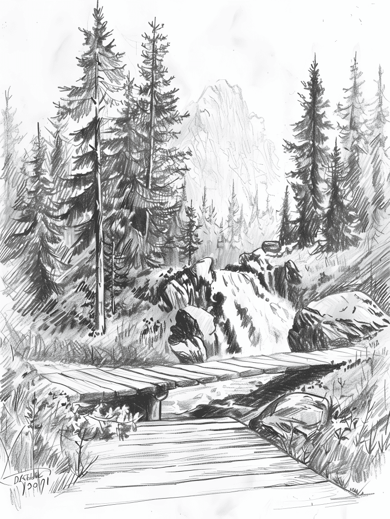 Waterfalls Surrounded By Pine Trees