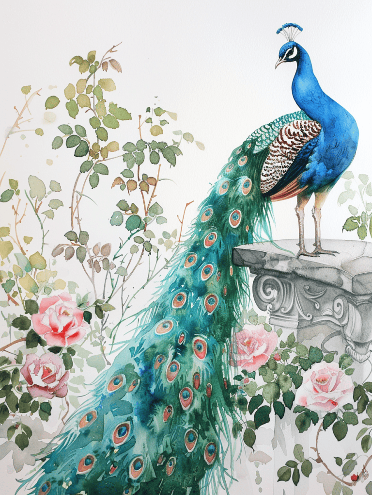 Peacock With Feather Draped Over A Bench
