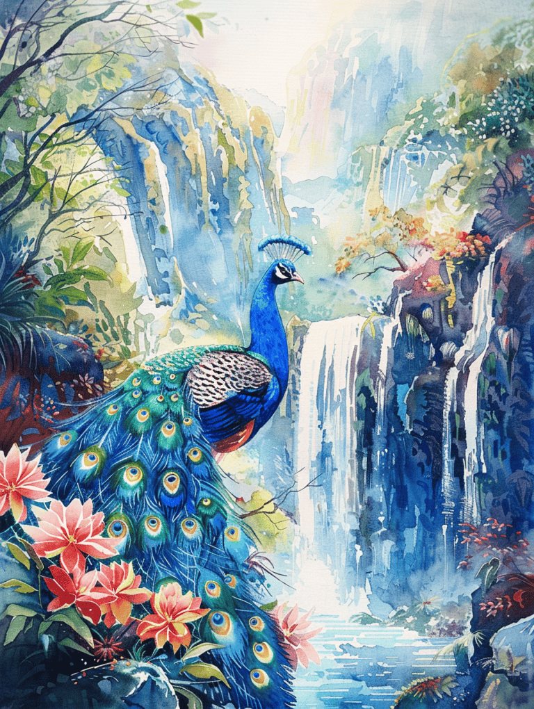 Peacock Near A Waterfall