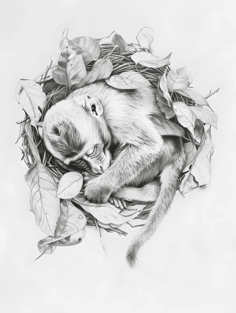 Monkey Resting On A Nest Of Leaves