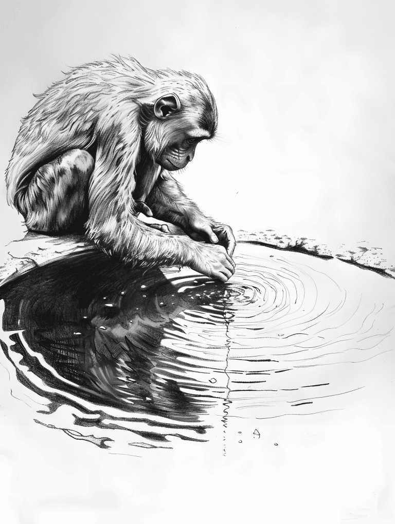 Monkey Sitting On An Edge Of A Pond