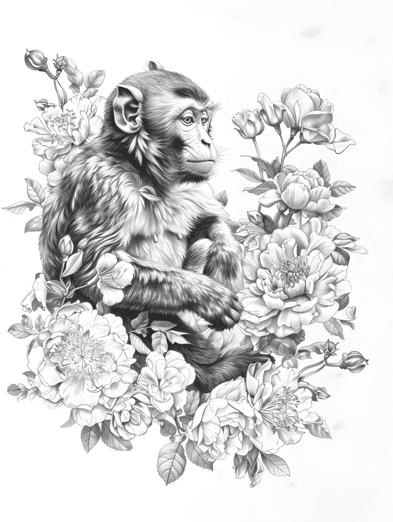 Monkey Sitting On A Bed Of Flowers