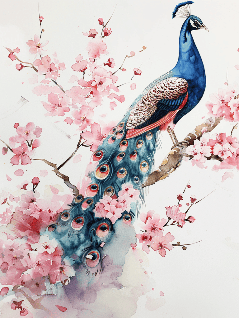 Peacock Perched On A Cherryblossom Branch