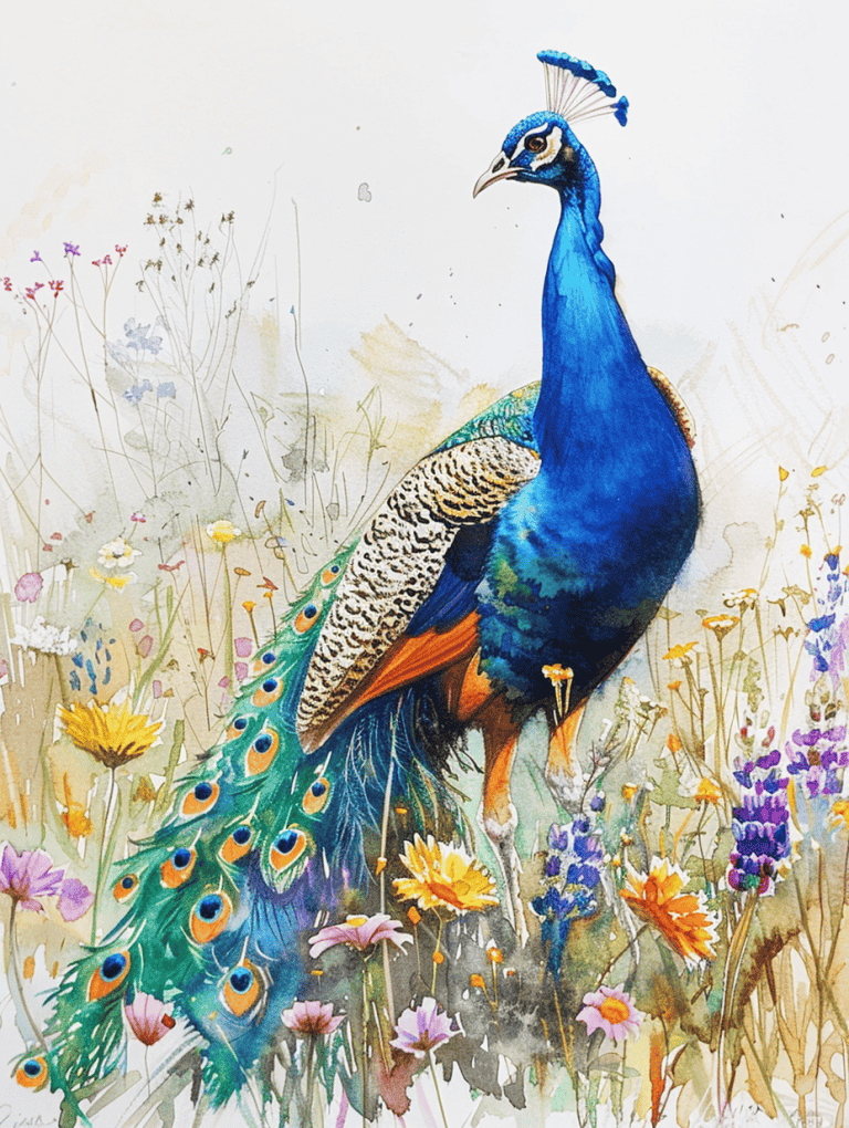 Peacock In A Field Of Wildflowers