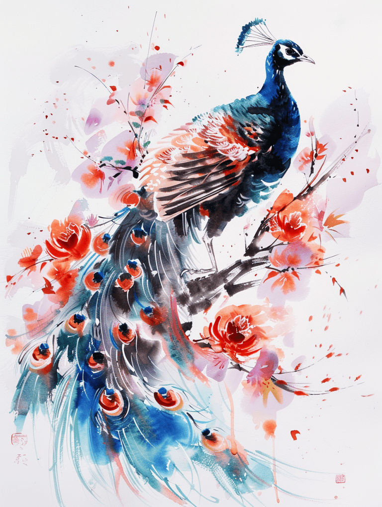Peacock Surrounded By Flowers