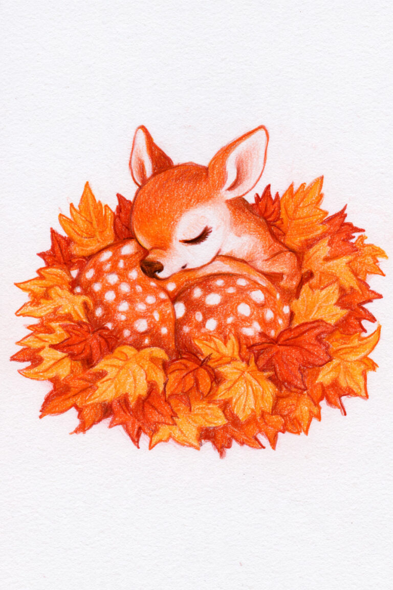 Fawn Sleeping On Autumn Leaves