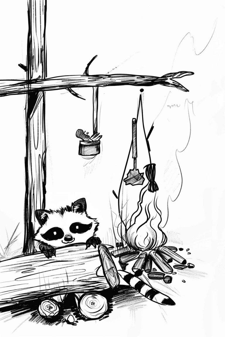 Raccoon Hiding By The Campfire