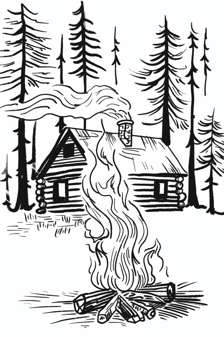 Campfire With A Log Cabin In The Background