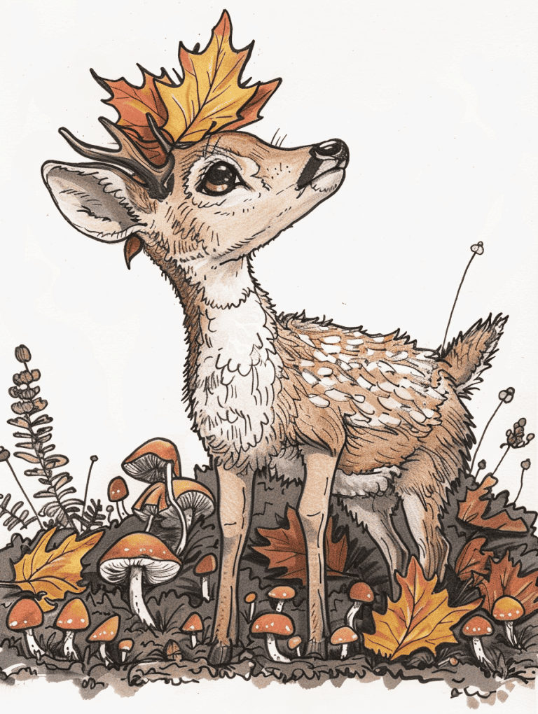 Deer On A Patch Of Mushrooms