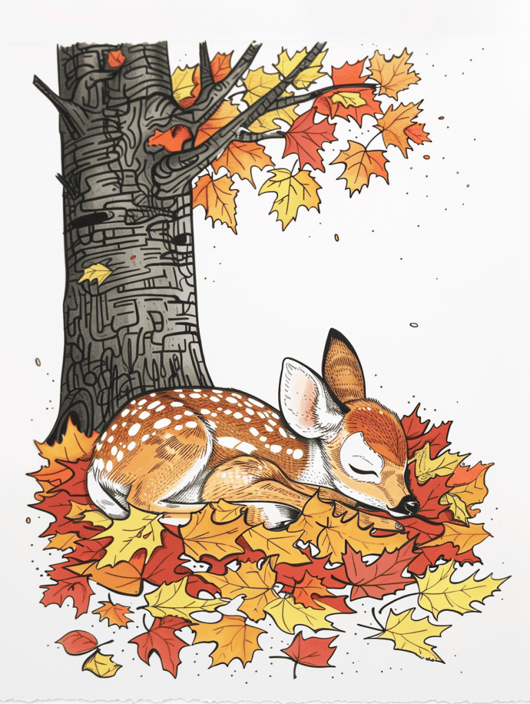 Fawn Sleeping On Autumn Leaves