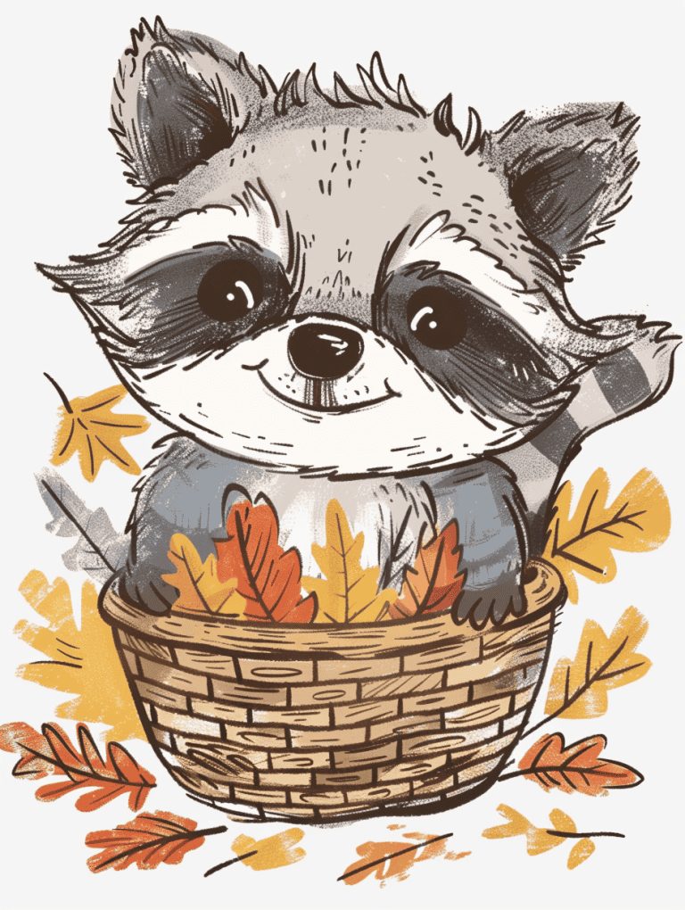 Raccoon Inside Leaf Filled Basket